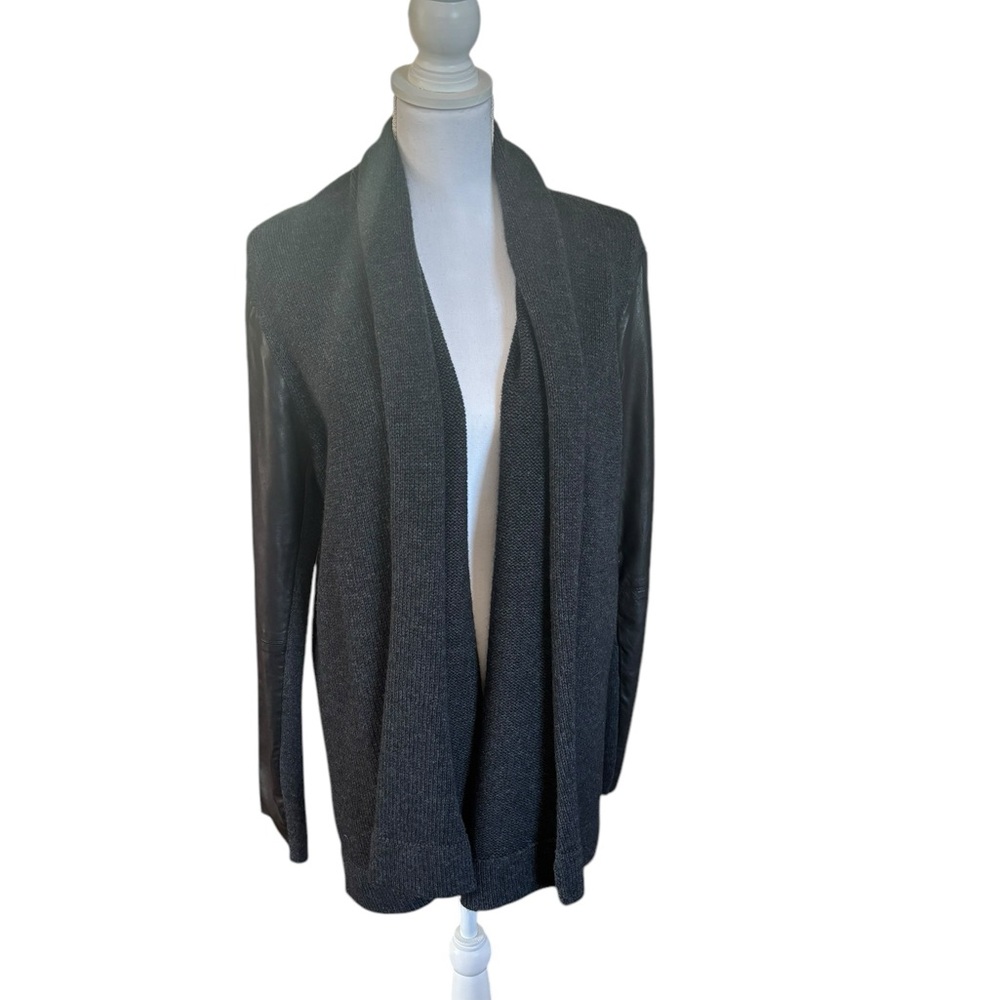 Gray Knit & Black Leather Vince Shawl Cardigan Sz Large - Picture 2 of 10